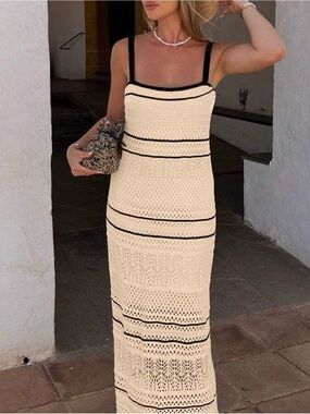 SHEIN Cream Maxi Knit Dress with Black Trim